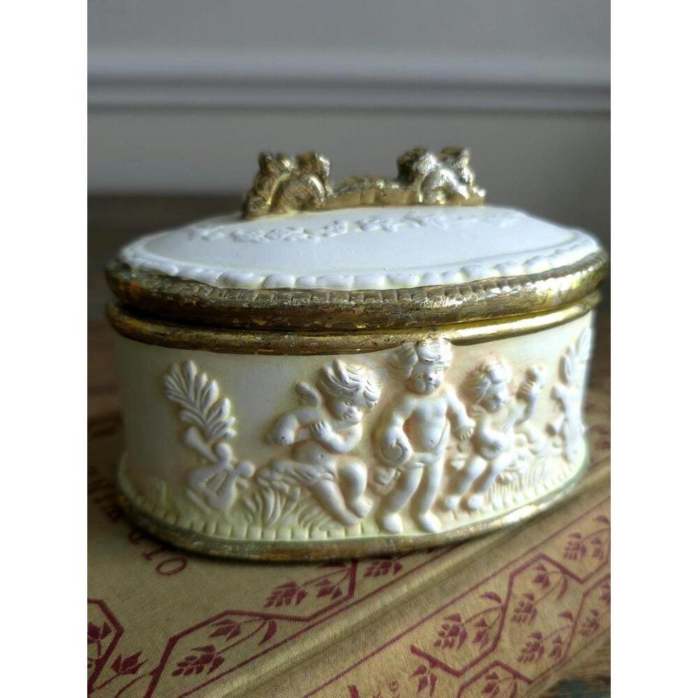 Vintage Victorian Ceramic Trinket Box: Angel Cherub Design